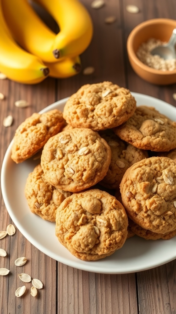 A plate of healthy rolled oats cookies made with bananas and nut butter, surrounded by oats and bananas.